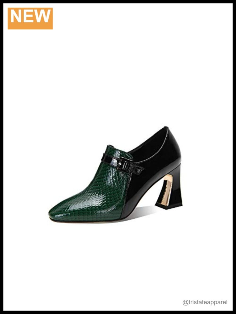Genuine Leather Round Toe Mid Chunky Heel Pumps Buckle Side Zip Shoes